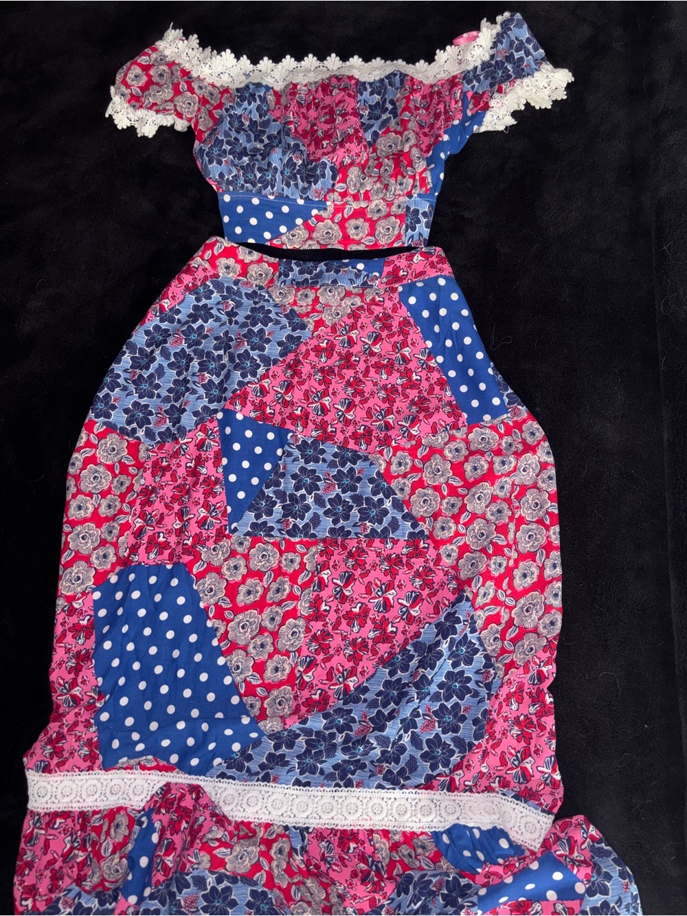 Off-Shoulder Floral Patchwork 2 piece max skirt in Pink & Blue